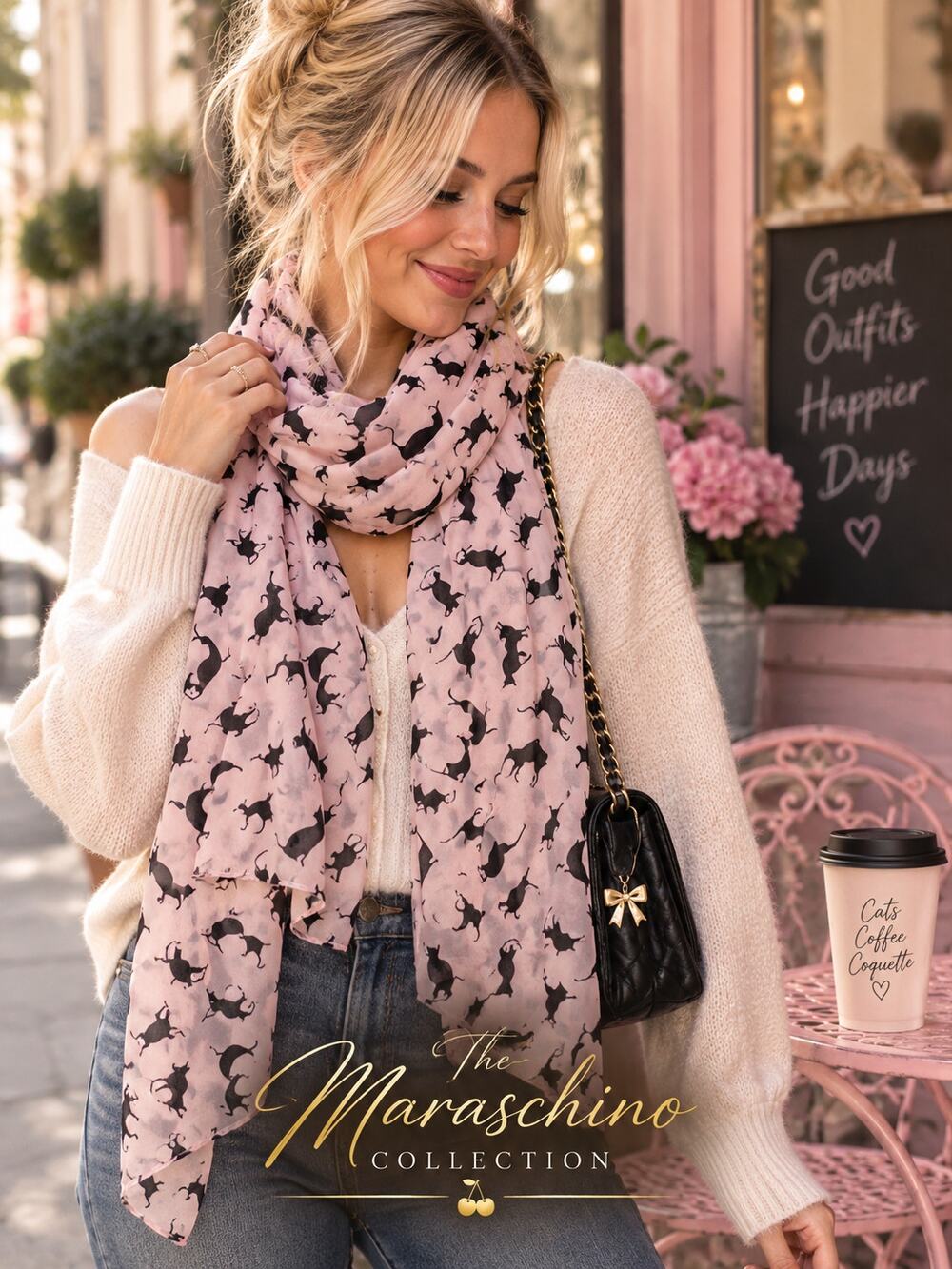 Pink Black Cat Print Sheer Chiffon Scarf Coquette Whimsical Cat Lover 26x59